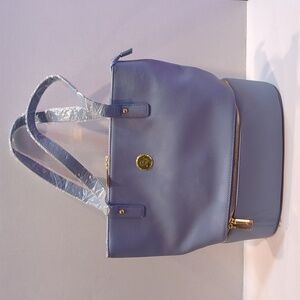 Joy Mangano Double Decker Tote w/Wristlet Set French Blue Pebble Leather New